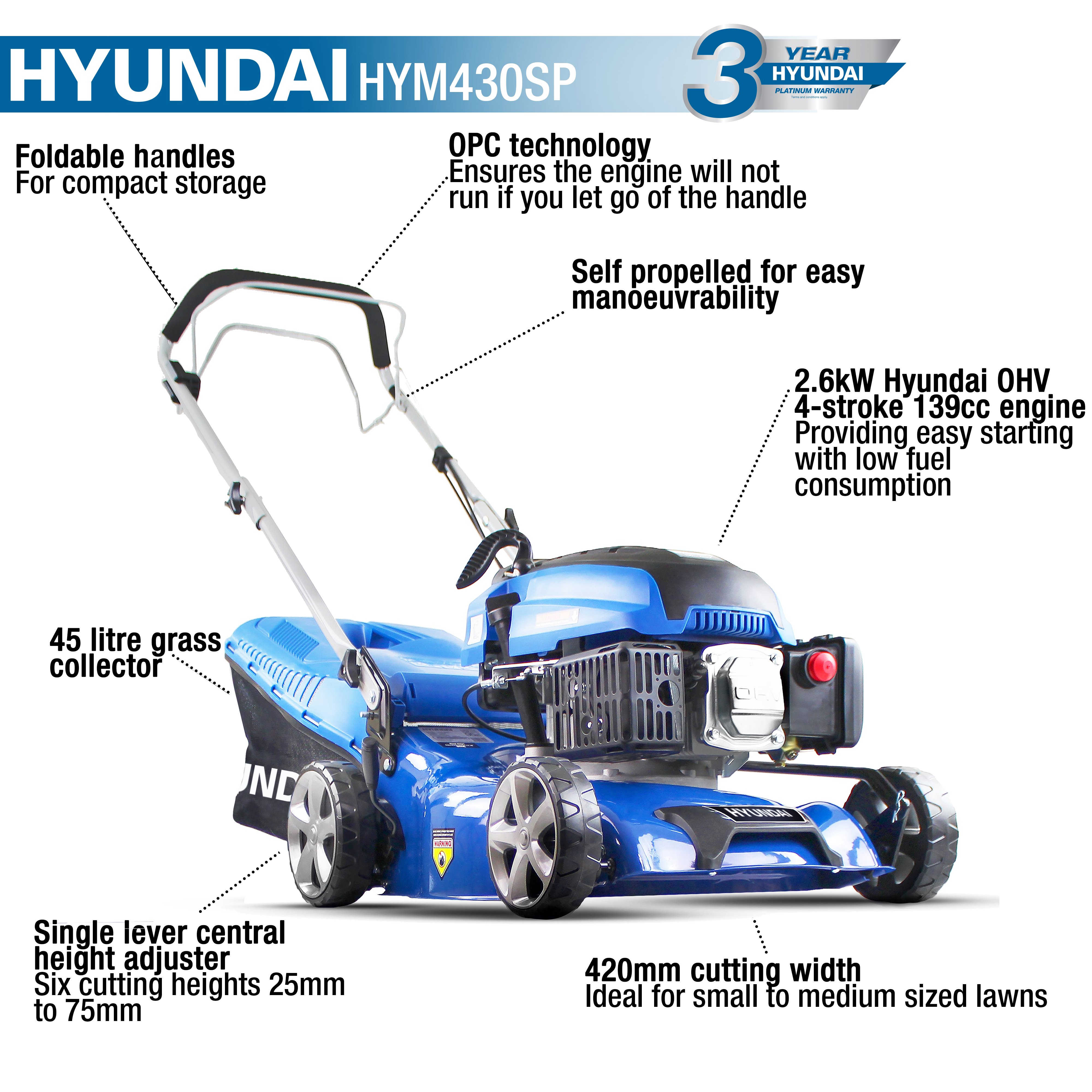 Hyundai 17 43cm 139cc Self Propelled Petrol Lawnmower HYM430SP